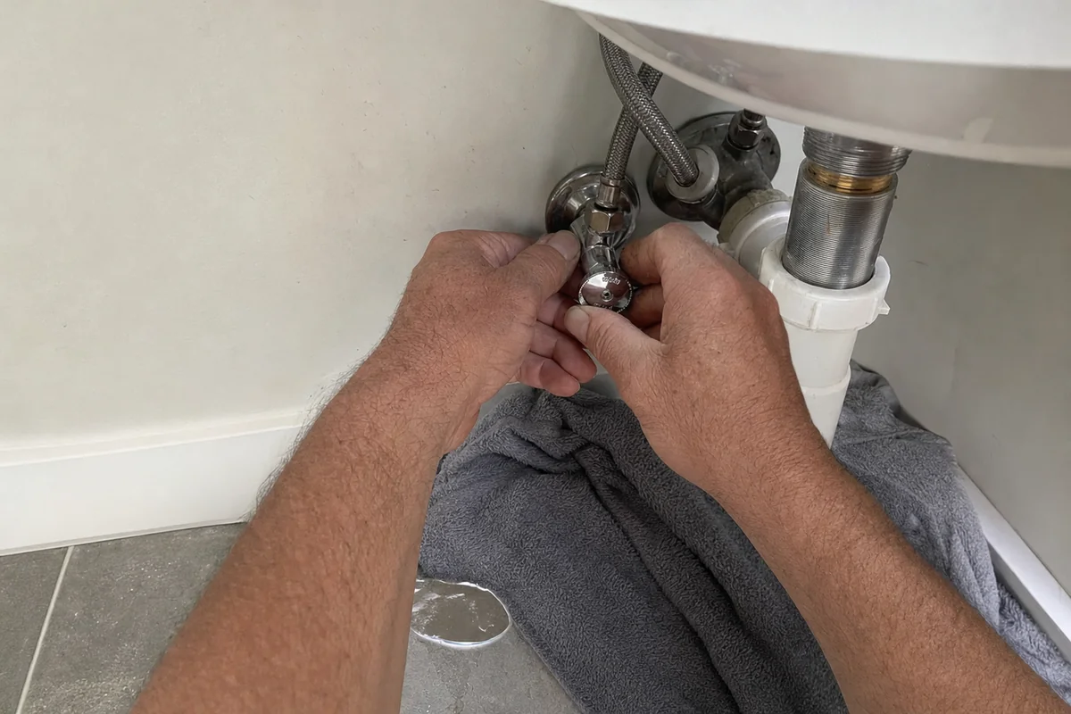 Hands closing a quarter-turn shutoff valve under a bathroom sink