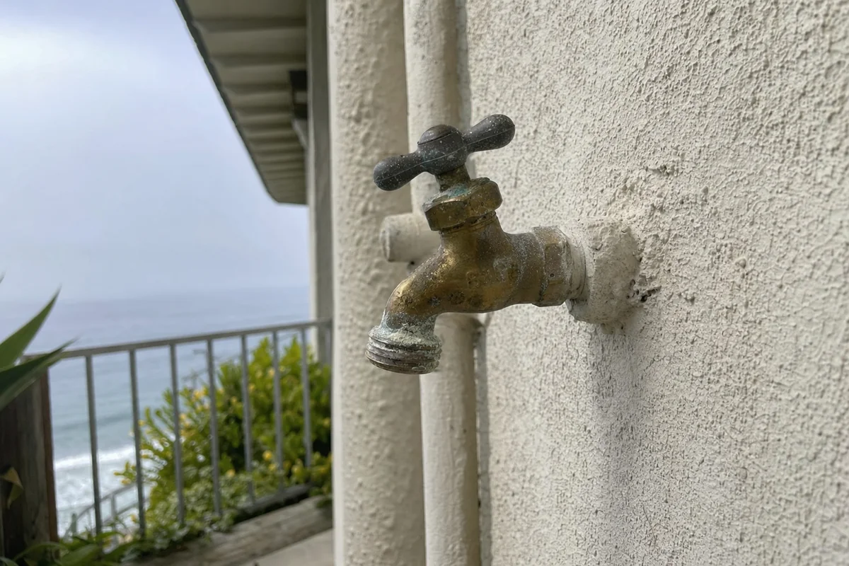 Pitted, salt-corroded brass hose bib on a stucco wall near the beach