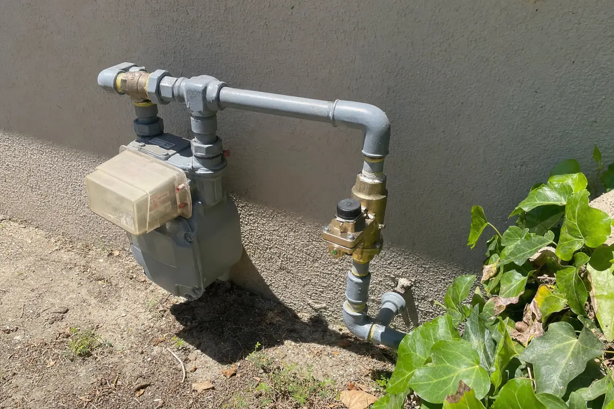 Seismic gas shutoff valve next to a residential gas meter