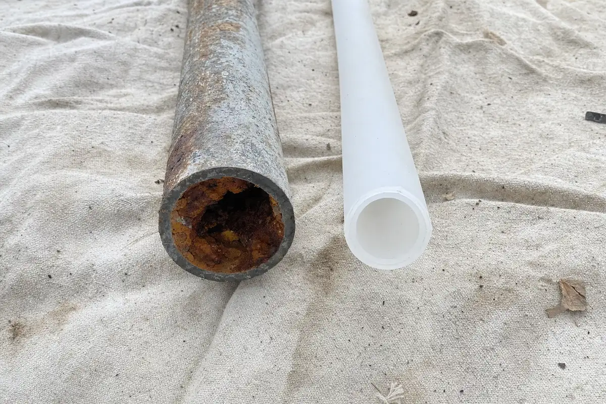 Rusted galvanized pipe section next to new PEX pipe on a drop cloth