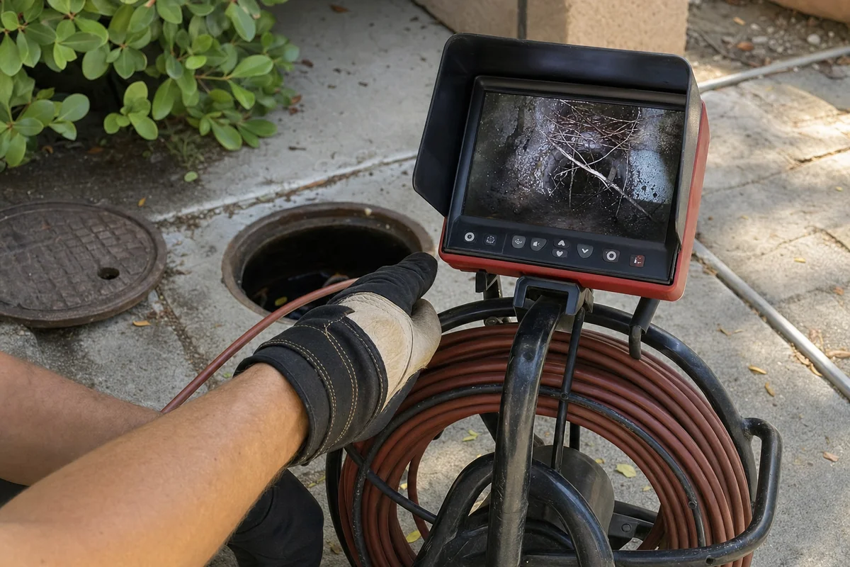Sewer camera monitor showing tree roots inside an old clay pipe