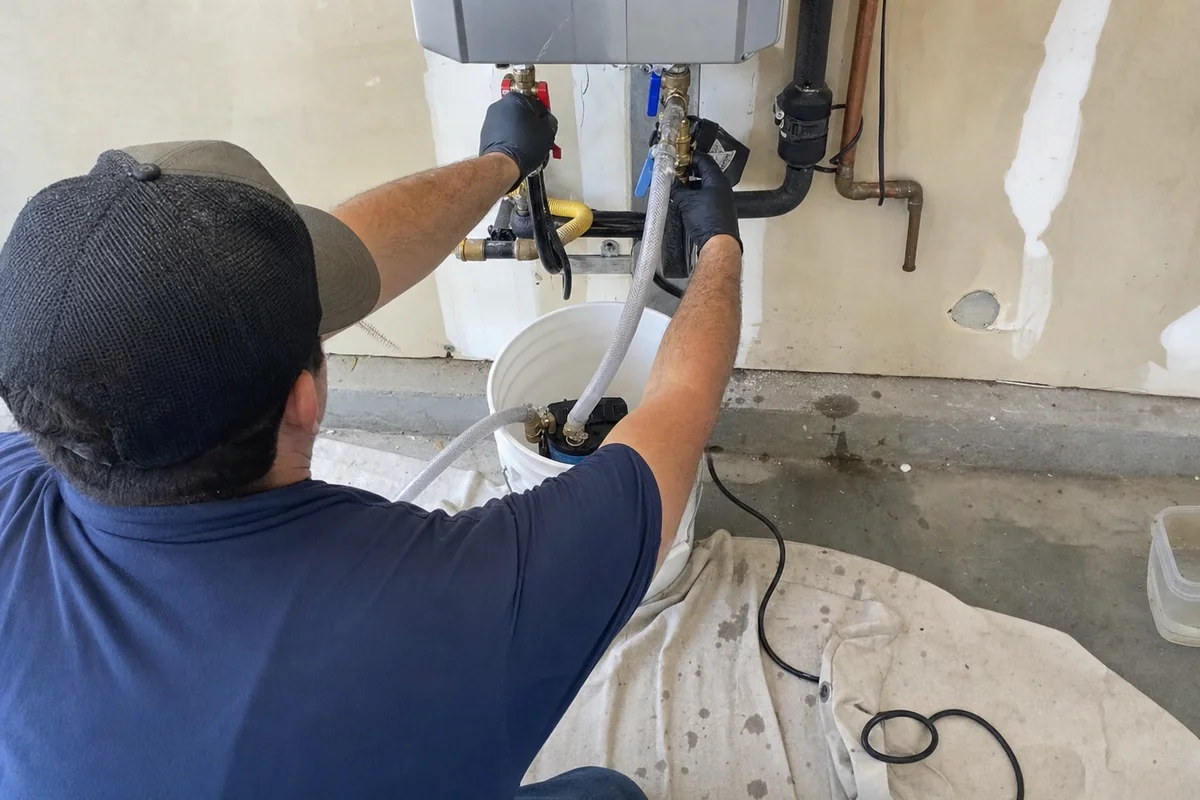 Tankless water heater being flushed with a pump and bucket