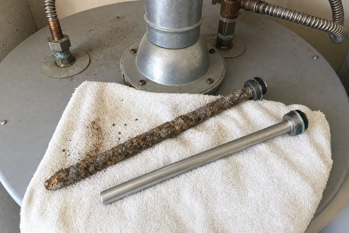 Corroded old anode rod next to a new one on top of a water heater